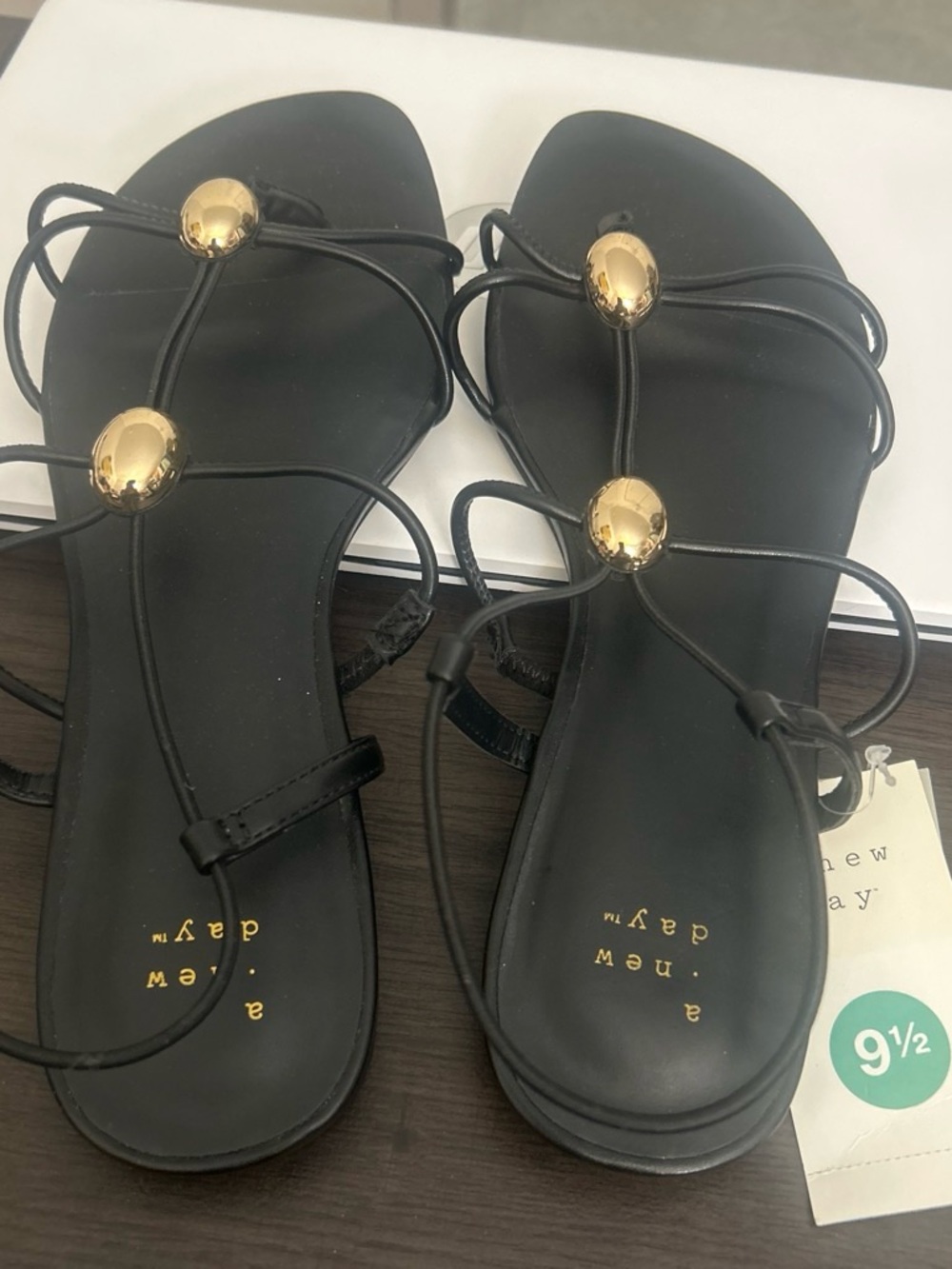 a new day Black Strappy Sandals with Gold Accents